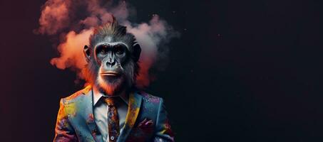 Front view of a monkey wearing a suit standing animated burs. AI Generative. photo