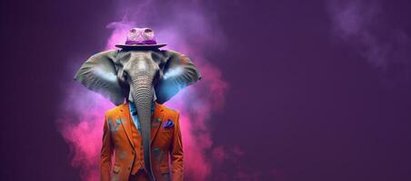 Front view of a elephant wearing a suit standing animated burs. AI Generative. photo