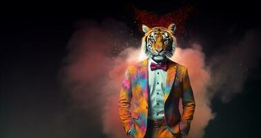 Front view of a tiger wearing a suit standing animated bur. AI Generative. photo