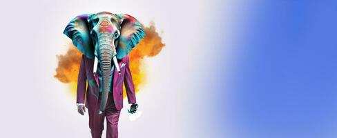 Front view of a elephant wearing a suit standing animated burs. AI Generative. photo