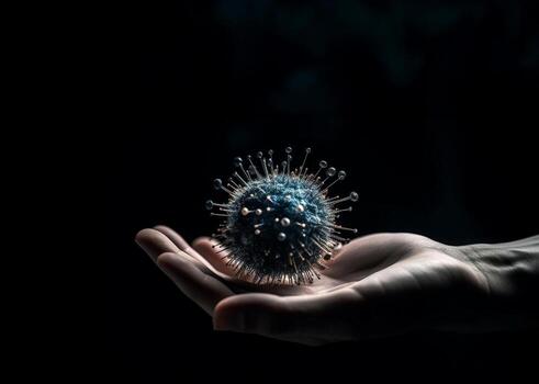 Hand touching virus model on dark background on empty spac. Generative AI. photo