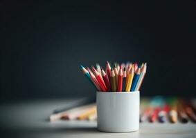 full color pencil in white ceramic cup on the table. AI Generative. photo