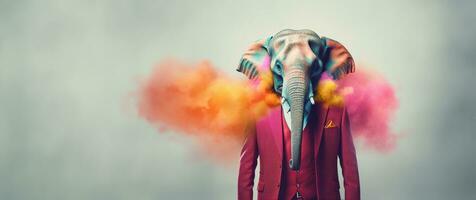 Front view of a elephant wearing a suit standing animated burs. AI Generative. photo