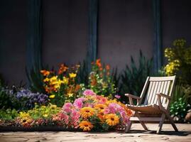 Wooden chair in flower garden. Generative AI. photo