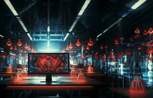 Technology and engineering concept Hacker attack system, red alert sign hologram and cybersecurity icons on empty space for text. photo