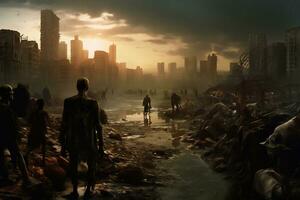 a thrilling and eerie scene of a zombie apocalypse AI Generative photo