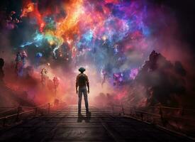 Metaverse AI man standing watching game world where your. AI Generative. photo
