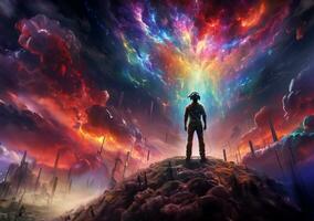Metaverse AI man standing watching game world where your. AI Generative. photo