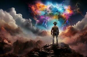 Metaverse AI man standing watching game world where your. AI Generative. photo