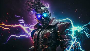 Exploding AI Metaverse Robot with Digital art style. Electric man superhero uses evil forces. photo