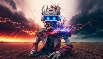 Exploding AI Metaverse Robot with Digital art style. Electric man superhero uses evil forces. photo