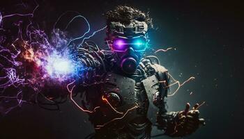 Exploding AI Metaverse Robot with Digital art style. Electric man superhero uses evil forces. photo