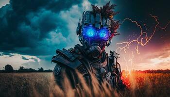 Exploding AI Metaverse Robot with Digital art style. Electric man superhero uses evil forces. photo