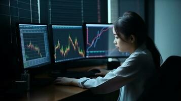 Woman working online in the office with multiple computer screens in index charts. AI Generative. photo