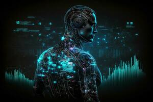 AI Metaverse concept collage with robots on Forex technology. AI Generative. photo
