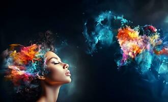 Beautiful fantasy abstract portrait of young woman With colorful digital paint splashes on empty space for text. photo