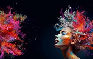 Beautiful fantasy abstract portrait of young woman With colorful digital paint splashes on empty space for text. photo