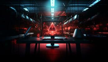 Technology and engineering concept Hacker attack system, red alert sign hologram and cybersecurity icons on empty space for text. photo