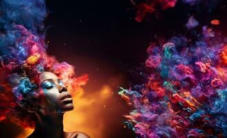 Beautiful fantasy abstract portrait of young woman With colorful digital paint splashes on empty space for text. photo