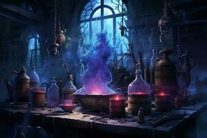 An eerie scene of a witch potion laboratory AI Generative photo