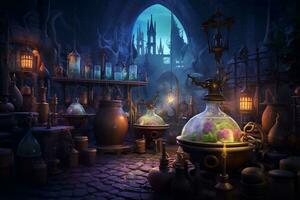 An eerie scene of a witch potion laboratory AI Generative photo