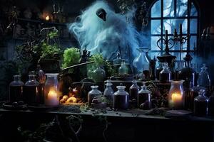 An eerie scene of a witch potion laboratory AI Generative photo