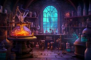 An eerie scene of a witch potion laboratory AI Generative photo