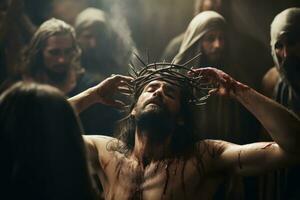 The moment when Jesus is crowned with thorns, highlighting the pain and humiliation. Generative Ai photo