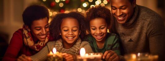 A heartwarming image capturing the joy and togetherness of a family celebrating Christmas, showcasing smiles, laughter, and love, perfect for evoking warm emotions. Web banner backdrop. Generative AI photo