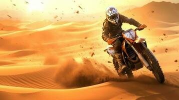 Illustration of dynamic extreme motocross on sand dunes. Generative Ai photo