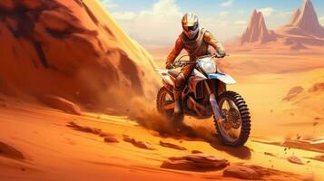 Illustration of dynamic extreme motocross on sand dunes. Generative Ai photo