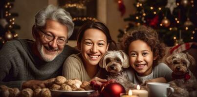 A heartwarming image capturing the joy and togetherness of a family celebrating Christmas, showcasing smiles, laughter, and love, perfect for evoking warm emotions. Web banner backdrop. Generative AI photo