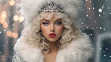 A stylish model in a glamorous winter outfit, adorned with fur, sequins, and jewels, exuding elegance and opulence for a luxurious Christmas design. Generative AI photo