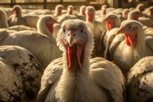 Lot of turkeys in a farm. Generative AI photo