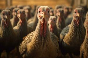 Lot of turkeys in a farm. Generative AI photo