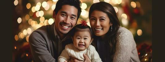 un reconfortante imagen capturar el alegría y unión de un familia celebrando Navidad, exhibiendo sonrisas, risa, y amar, Perfecto para evocando calentar emociones web bandera fondo. generativo ai foto