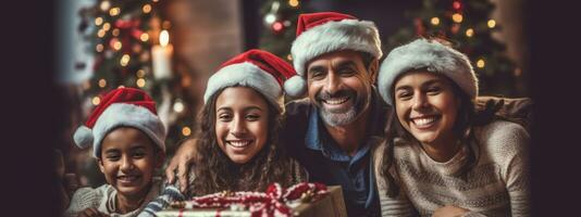 A heartwarming image capturing the joy and togetherness of a family celebrating Christmas, showcasing smiles, laughter, and love, perfect for evoking warm emotions. Web banner backdrop. Generative AI photo