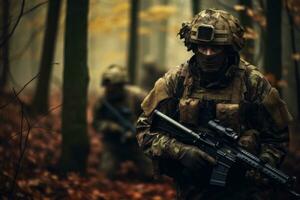 Soldiers in autumn camouflage uniforms in a forest, showcasing military readiness. Generative Ai photo