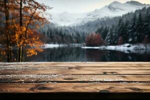 Empty weathered old wooden boards table with winter forest and lake background. Generative AI photo