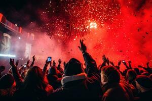 New Year's Eve celebration with fireworks, confetti, and a joyous crowd counting down to midnight. Generative Ai photo