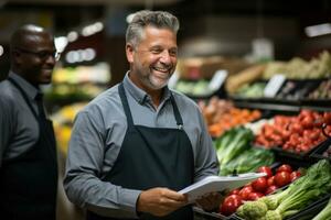 Manager guiding the trainee in inspecting the quality of fresh produce. Generative Ai photo