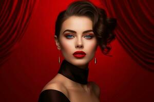 A close-up shot of a young woman with impeccably applied red lipstick, exuding glamour and sophistication against the red backdrop. Generative Ai photo