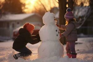 Children building a snowman in their front yard, reflecting the innocence and fun of winter holidays. Generative Ai photo