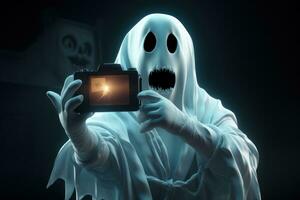 un cómico fantasma tomando un selfie con un humorístico expresión, combinatorio moderno tecnología con un clásico Víspera de Todos los Santos personaje. generativo ai foto