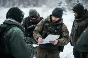 Officers conducting a tactical briefing in a snow-covered field, highlighting leadership and strategy. Generative Ai photo