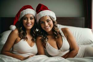 dos lesbiana mujer, vistiendo Papa Noel sombreros. contento en su calentar cama durante el vacaciones. generativo ai foto