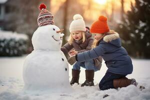 Children building a snowman in their front yard, reflecting the innocence and fun of winter holidays. Generative Ai photo