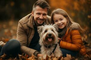 Happy young father and daughter and their dog enjoying their autumn days on a pumpkin field. Generative AI photo