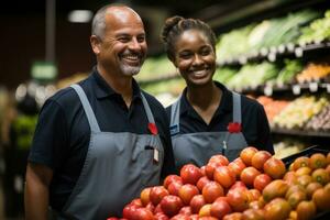 Manager guiding the trainee in inspecting the quality of fresh produce. Generative Ai photo