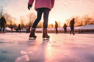 Joyful ice skating session on a frozen pond or rink, capturing the magic of winter sports. Generative Ai photo